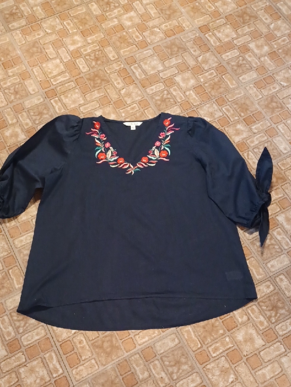 V-Neck Navy Blouse with Floral Embroidery and Tie Sleeves 100 Percent Cotton